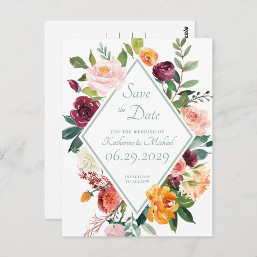 Rustic Sage Green Fall Flowers Save The Date ポストカード (正面/裏面)