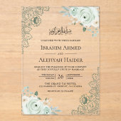 Rustic Sage Green Floral Lace Muslim Wedding アクリル招待状 (正面)