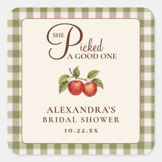Rustic Sage Green Gingham Apple Bridal Shower スクエアシール (正面)