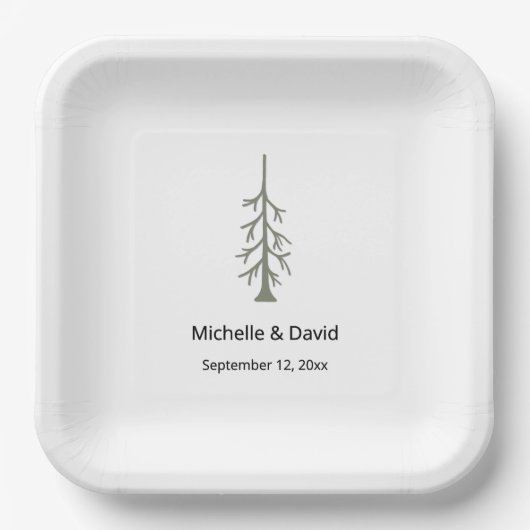 Rustic Sage Green Pine Tree Wedding Reception ペーパープレート (正面)