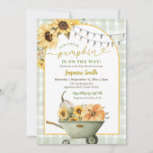 Rustic Sage Green Pumpkin Sunflower Baby Shower  招待状 (正面)