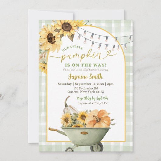 Rustic Sage Green Pumpkin Sunflower Baby Shower  招待状 (正面)