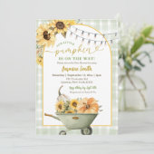Rustic Sage Green Pumpkin Sunflower Baby Shower  招待状 (スタンド正面)