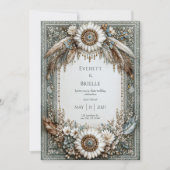 Rustic Sage Green White Sunflower Feather Wedding 招待状 (正面)