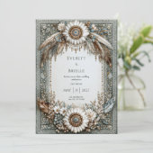 Rustic Sage Green White Sunflower Feather Wedding 招待状 (スタンド正面)