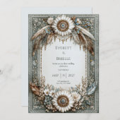 Rustic Sage Green White Sunflower Feather Wedding 招待状 (正面/裏面)