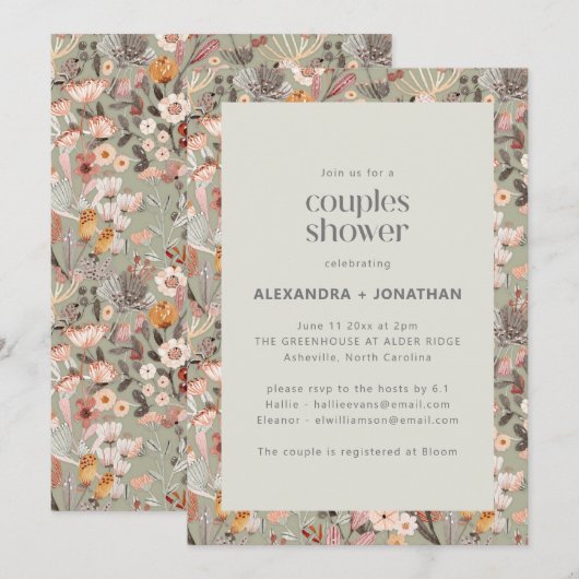 Rustic Sage Wildflower Botanical Couples Shower 招待状 (正面/裏面)