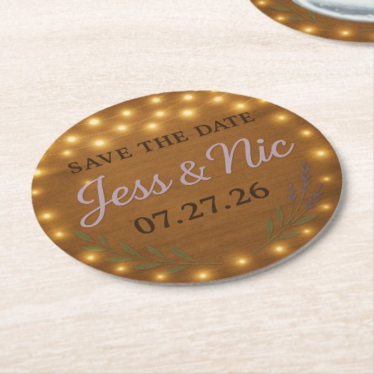 Rustic Save the Date Coasters – Jess & Nic 07 27 2 ラウンドペーパーコースター (アングル)