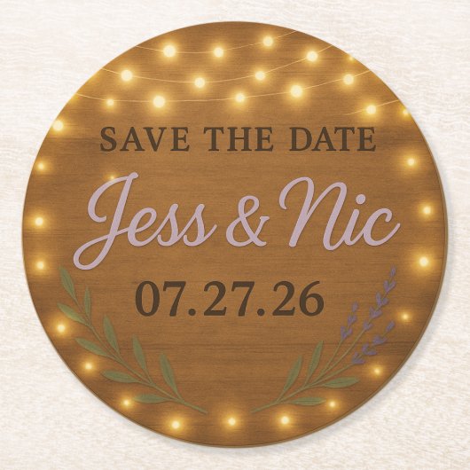 Rustic Save the Date Coasters – Jess & Nic 07 27 2 ラウンドペーパーコースター (正面)