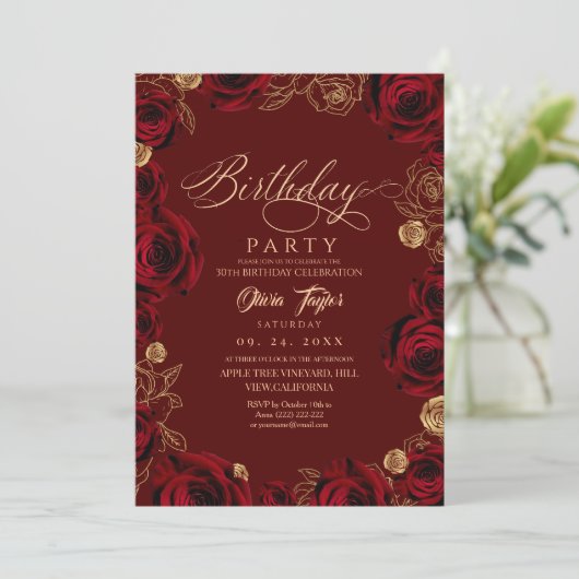 Rustic Script Burgundy Rose Birthday  招待状 (スタンド正面)
