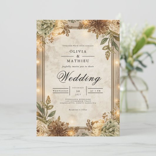 Rustic Sepia Floral Frame Wedding 招待状 (スタンド正面)