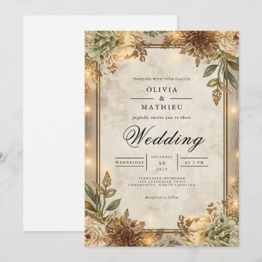 Rustic Sepia Floral Frame Wedding 招待状 (正面/裏面)