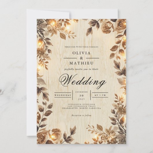 Rustic Sepia Floral Lights Wedding 招待状 (正面)