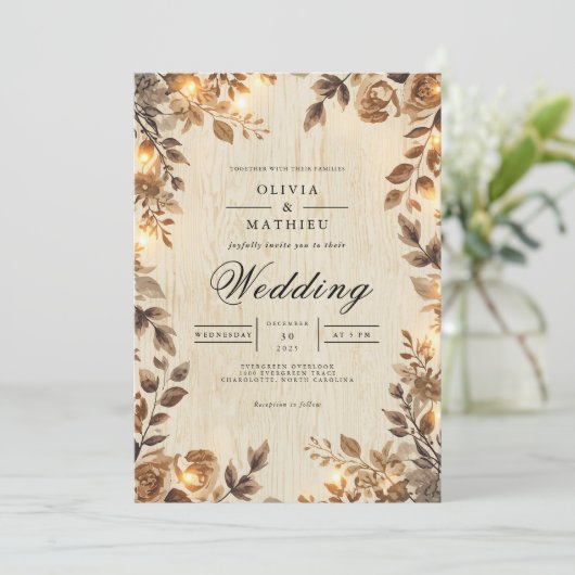 Rustic Sepia Floral Lights Wedding 招待状 (スタンド正面)