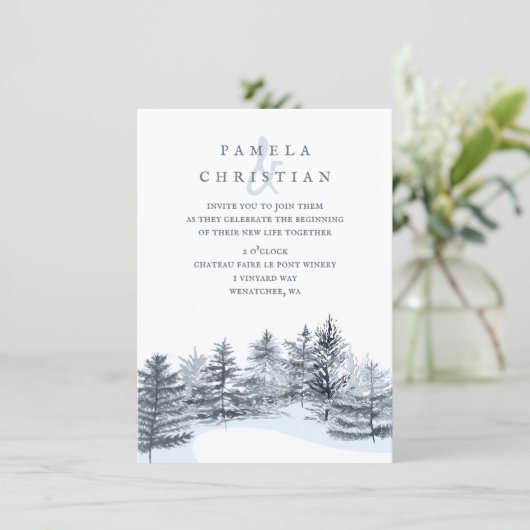 Rustic, Slate Gray Pine Trees Forest Wedding 招待状 (スタンド正面)