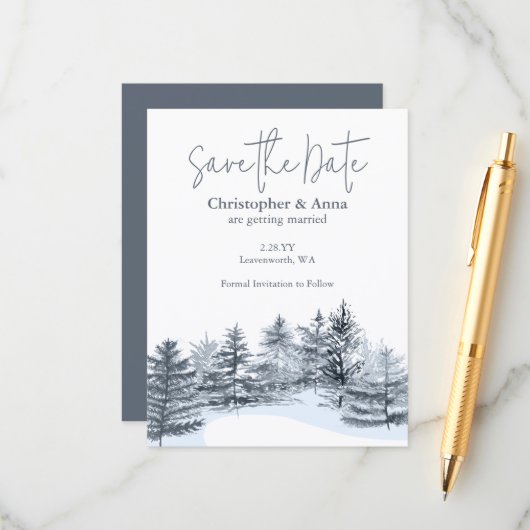 Rustic Slate Gray Pine Trees Wedding Save the Date アドバイスカード (正面/裏面インサイチュ)