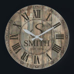 Rustic Smith Family wall Clock | Farmhouse Decor  ラージ壁時計<br><div class="desc">Celebrate the Smith family legacy with this stunning rustic monogram wall clock that brings timeless elegance to any home. 🕰️ Featuring a weathered wood-look background with vertical planks, a decorative ornate border, and Roman numerals framing a classic monogram design with a large S initial, the Smith family name in bold...</div>