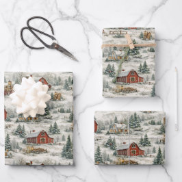 Rustic Snow Covered Farmhouse Winter Pattern ラッピングペーパーシート