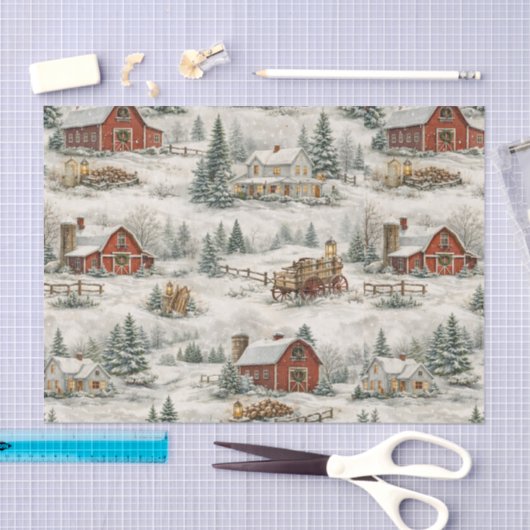 Rustic Snow Covered Farmhouse Winter Pattern 薄葉紙 (クラフト)
