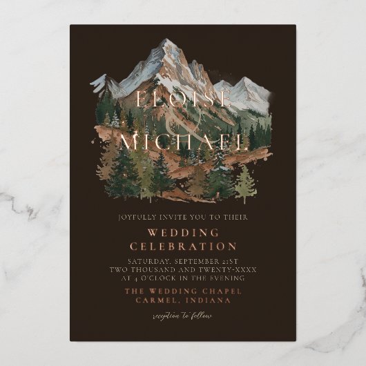 Rustic Snowy Mountain Landscape Watercolor Wedding 箔招待状 (正面)