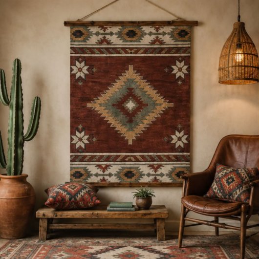 Rustic Southwestern Diamond Rug Terracotta Sage 吊り下げ型タペストリー