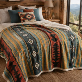 Rustic Southwestern Teal Terracotta Navy Geometric シェルパブランケット
