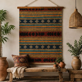 Rustic Southwestern Teal Terracotta Navy Geometric 吊り下げ型タペストリー
