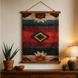Rustic Southwestern Woven Red, Black & Turquoise 吊り下げ型タペストリー