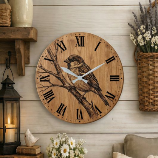 Rustic Sparrow on Branch Wall Clock ラージ壁時計