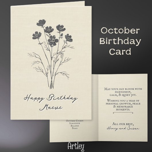 Rustic Stamped Cosmos October Birth Flower Linen カード