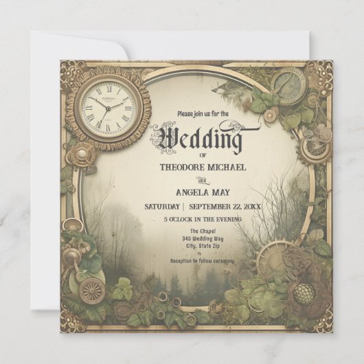 Rustic Steampunk Gears Wedding Invitation 招待状 (正面)
