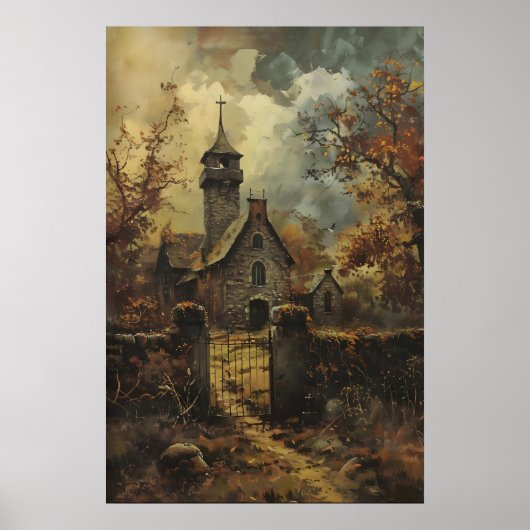 Rustic Stone Gothic Church Art, Vintage Autumn ポスター (正面)