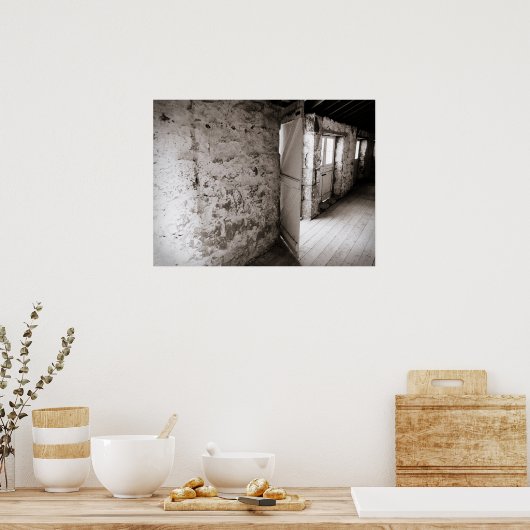 Rustic Stone Wall with Open Barn Door ポスター (キッチン)