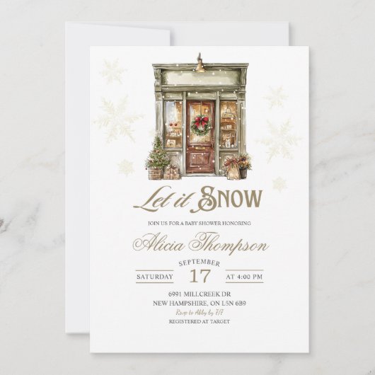 Rustic Storefront Let It Snow Boy Baby Shower 招待状 (正面)