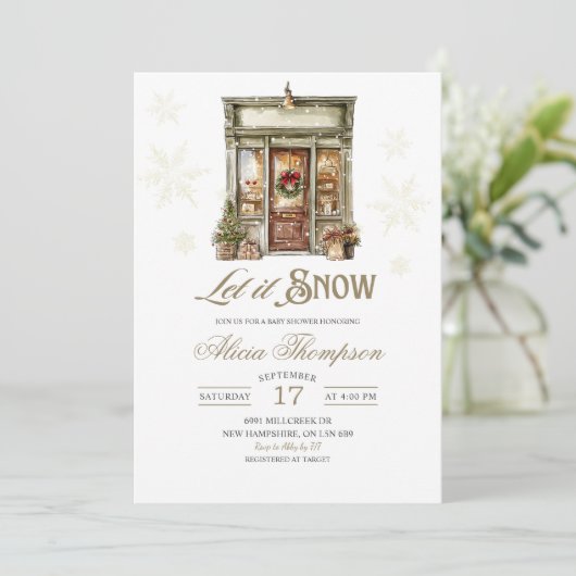 Rustic Storefront Let It Snow Boy Baby Shower 招待状 (スタンド正面)
