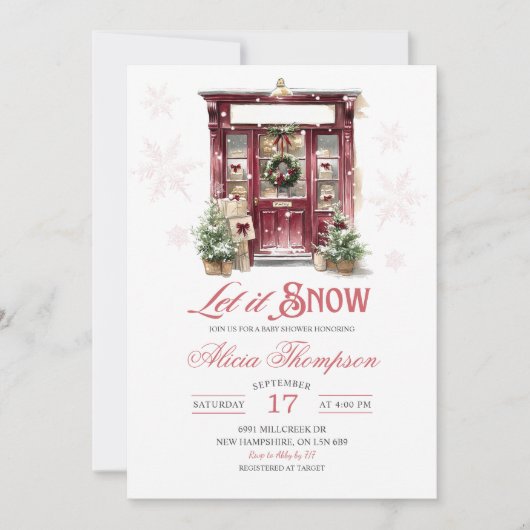Rustic Storefront Let It Snow Girl Baby Shower 招待状 (正面)