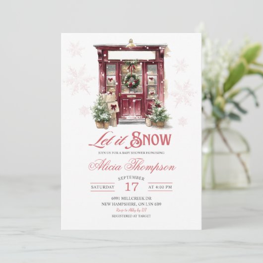 Rustic Storefront Let It Snow Girl Baby Shower 招待状 (スタンド正面)
