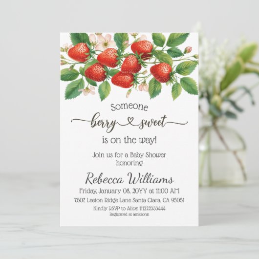 Rustic Strawberry Red Berry Sweet Baby Shower 招待状 (スタンド正面)