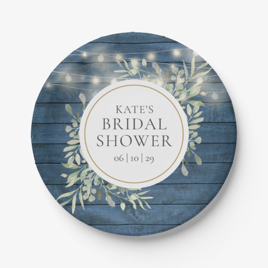 Rustic String Lights Greenery Bridal Shower ペーパープレート (正面)