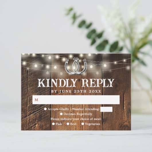 Rustic String Lights Horseshoes Western Wedding 出欠カード (スタンド正面)