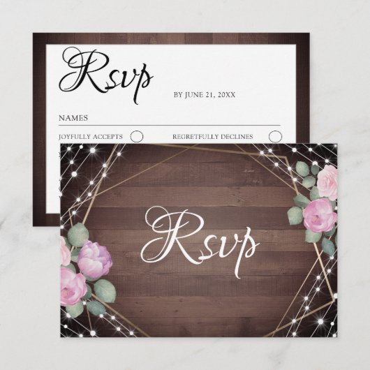 Rustic String Lights Wood & Floral RSVP Wedding  (正面/裏面)