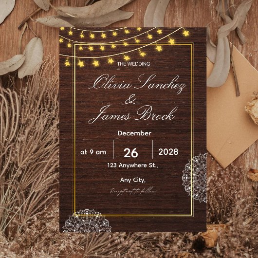 Rustic String Lights Wood Wedding Invitation, Boho 招待状