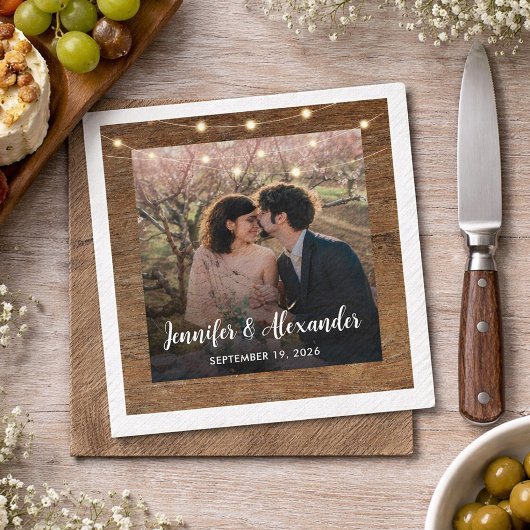 Rustic string of lights photo wedding スタンダードカクテルナプキン