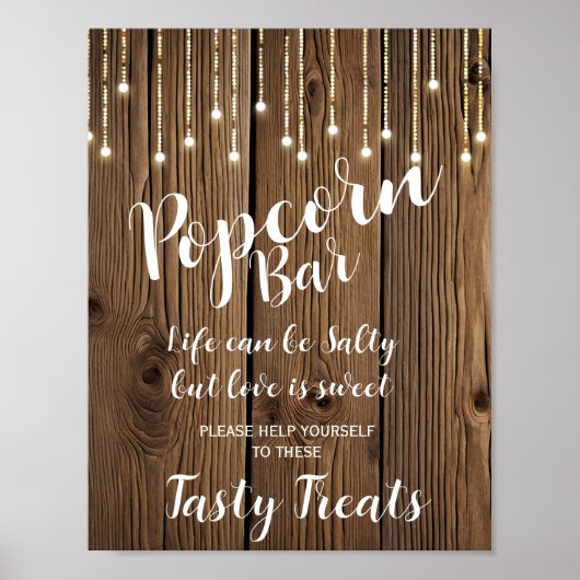 Rustic String of lights Popcorn Bar wedding sign ポスター (正面)