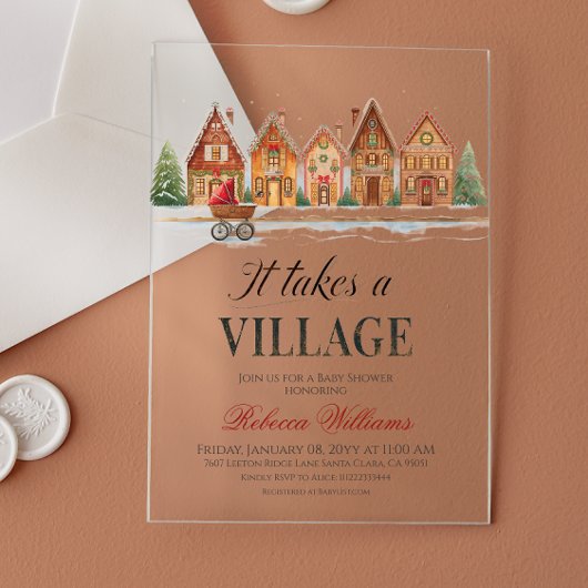 Rustic Stroller Village Houses Winter Baby Shower アクリル招待状
