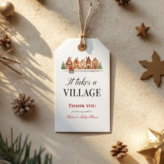Rustic Stroller Village Houses Winter Baby Shower ギフトタグ