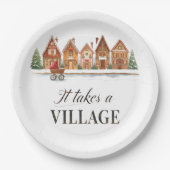 Rustic Stroller Village Houses Winter Baby Shower ペーパープレート (正面)