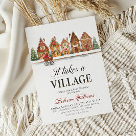 Rustic Stroller Village Houses Winter Baby Shower 招待状