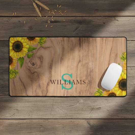 Rustic Style Desk Mat with Sunflowers, Wood Effect デスクマット