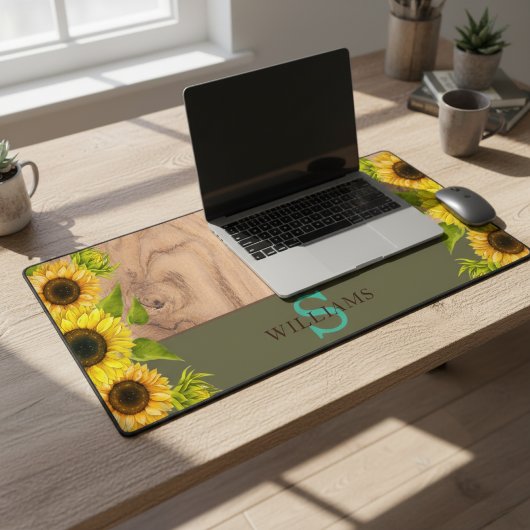 Rustic Style Desk Mat with Sunflowers, Wood Effect デスクマット